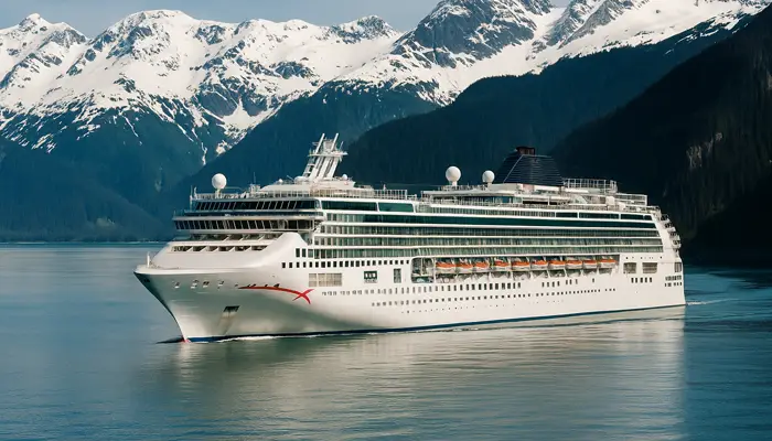 Cruise ship with snow capped mountains